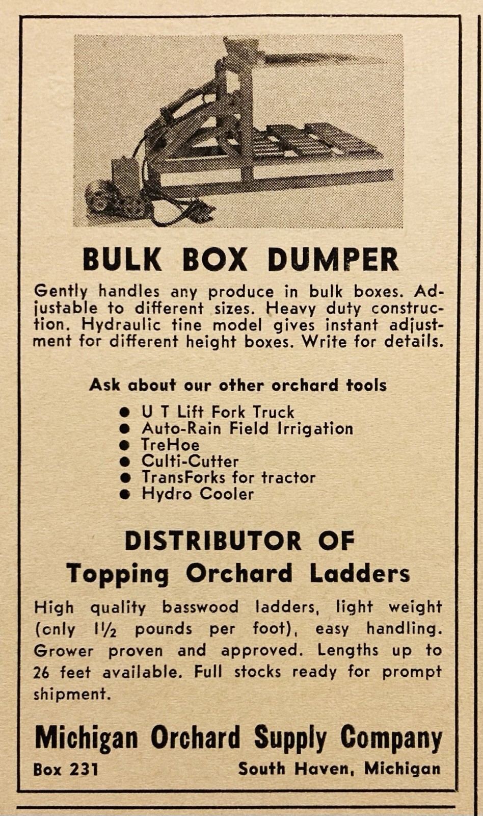 1959 AD.(PC10)~TRESCOTT CO. FAIRPORT, NY. NEW E-Z APPLE BAGGER