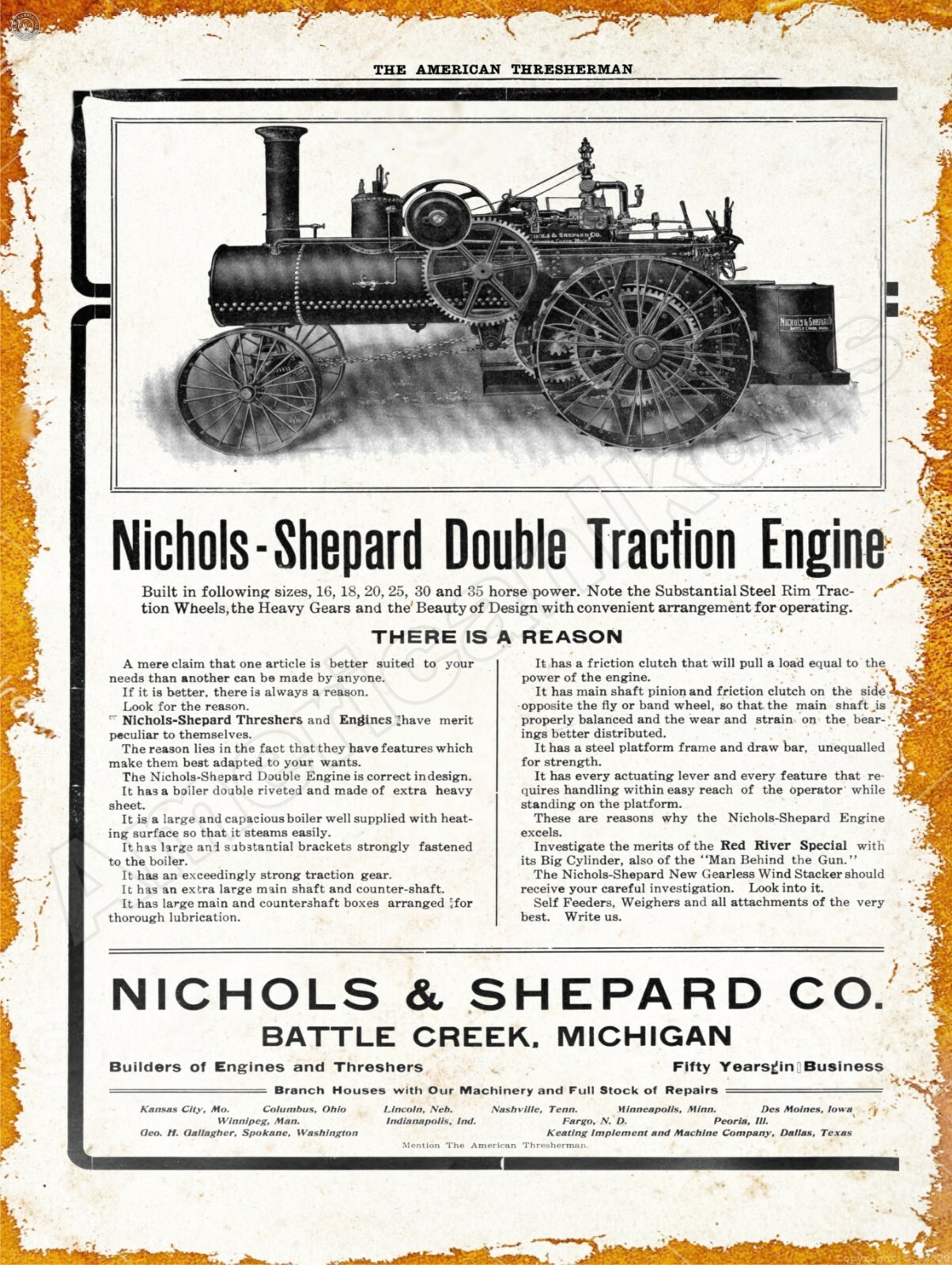 1907 Nichols & Shepard Traction Engines New Metal Sign: Battle Creek, Michigan