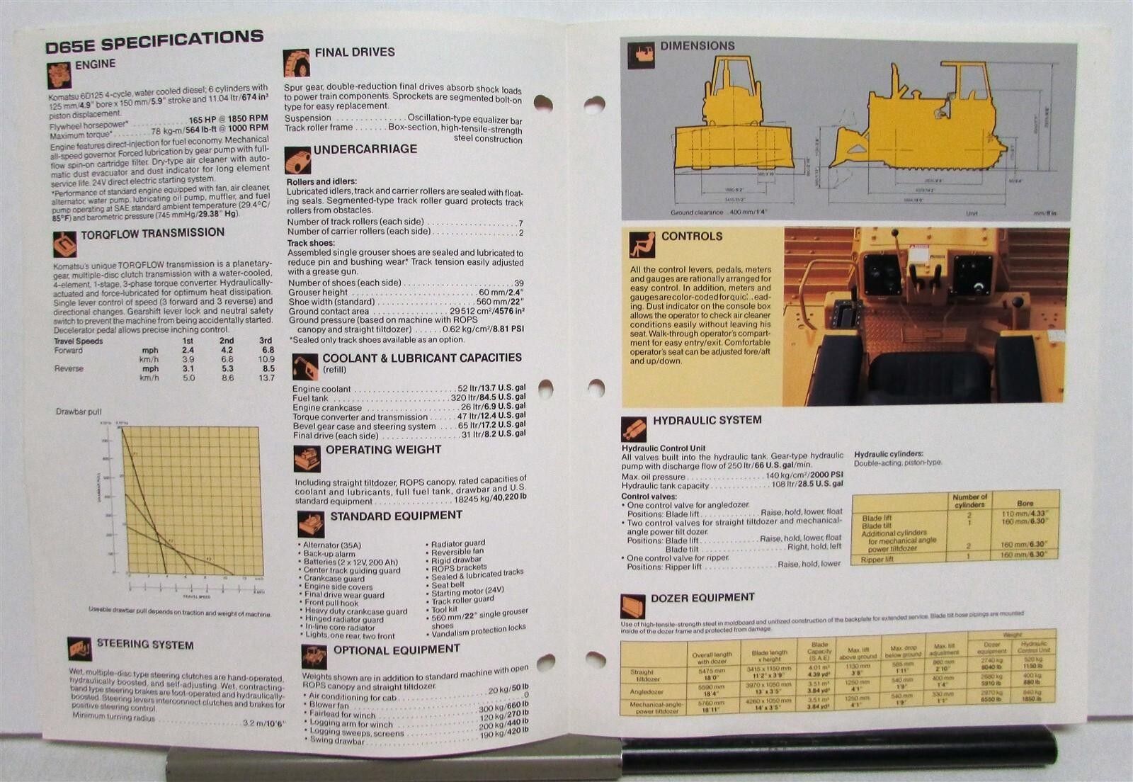 1985 Komatsu D65E-8 Bulldozer Specifications Construction Sales Brochure