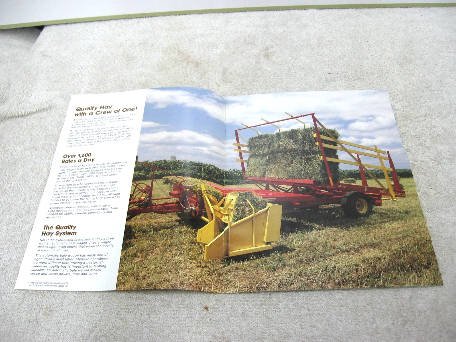 1988 FORD NEW HOLLAND TRACTOR PULL TYPE BALE WAGON BROCHURE 1003 1036 1037