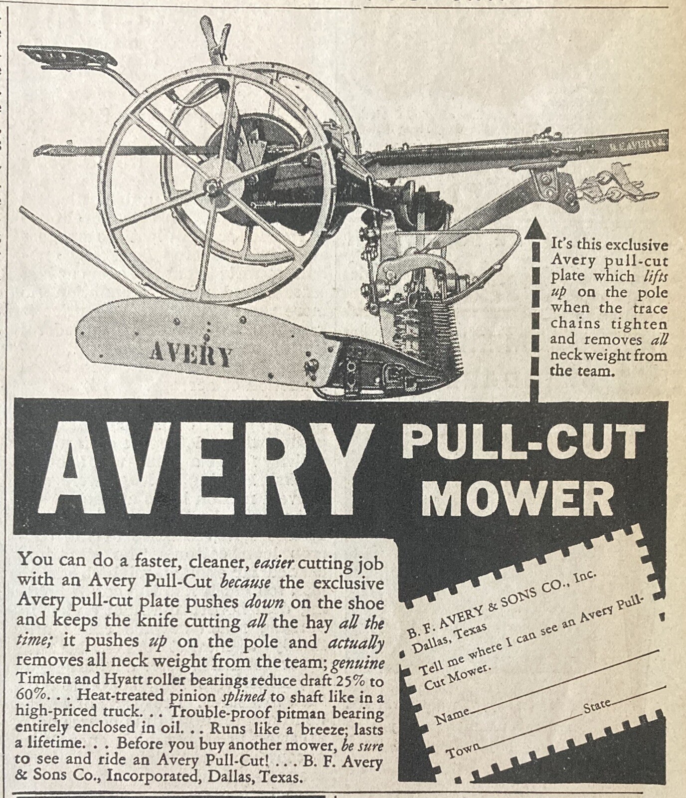 1938 AD.(XG5)~B.F. AVERY SONS CO. LOUISVILLE. AVERY PULL-CUT MOWER