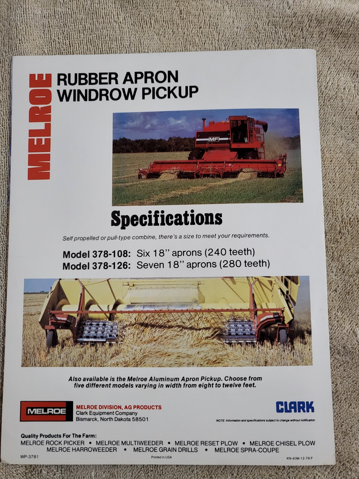 Vintage 1978 Melroe Rubber Apron Windrow Pickup MF Combine Brochure Clark Ag