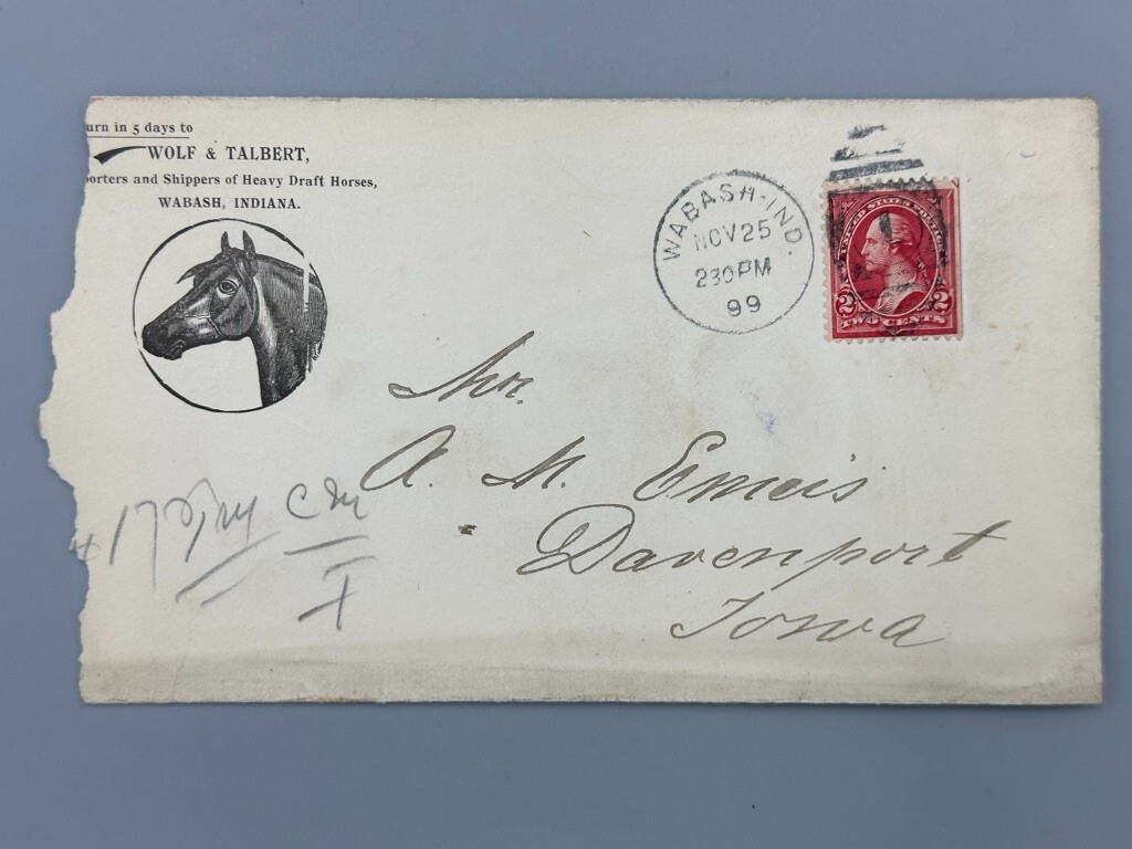 1899 DRAFT HORSE Indiana WABASH Illustrated Postal Cover FARM Advertising