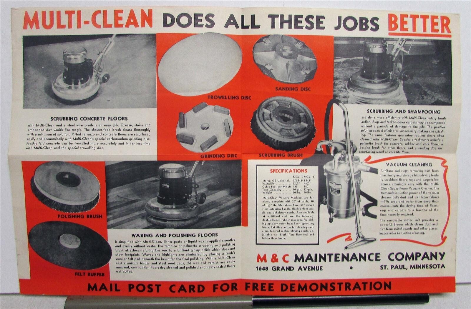 1930s M&C Maintenance Multi-Clean Floor Maintenance Machine Specs Sales Folder