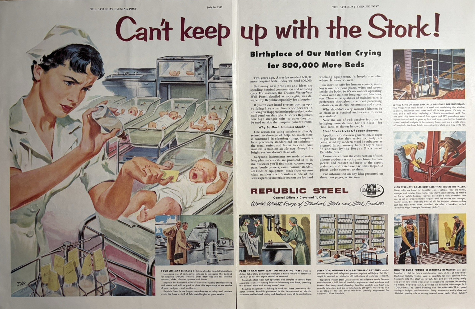 1955 Republic Steel Cleveland Hospital Beds Babies Stork Stainless VTG Print Ad