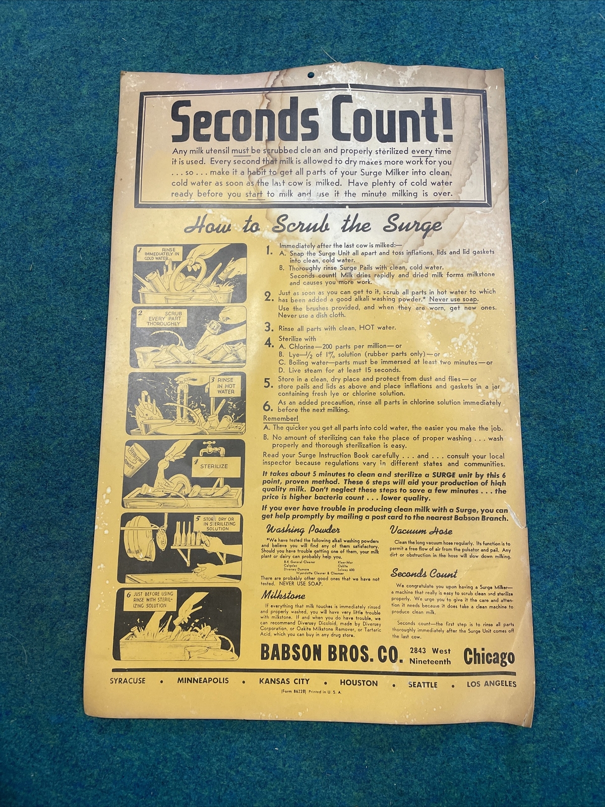 VTG Babson Bros. “SECONDS COUNT” Milking Equipment Sterilization 22”x14” Poster