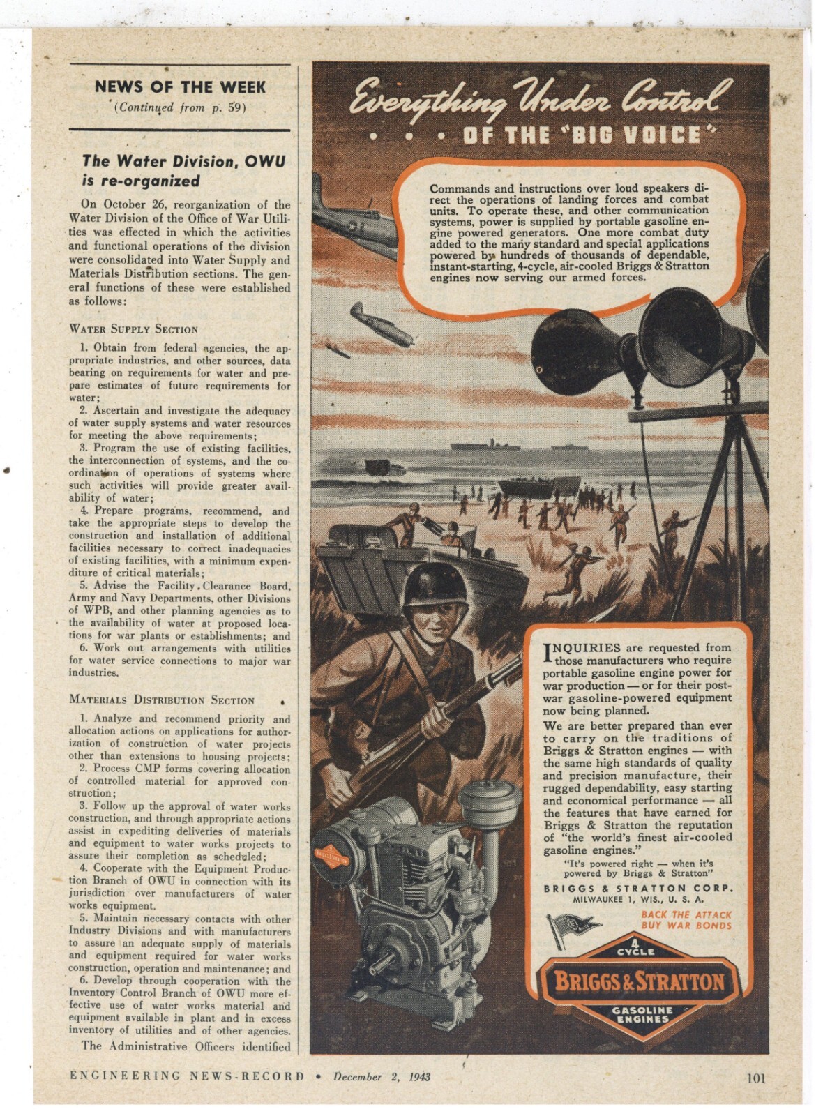 1943 Briggs & Stratton BASCO Engines Ad: World War Two Theme – Air Cooled Engine