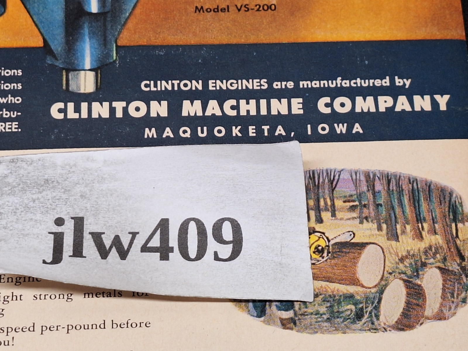 1953 CLINTON ENGINE Ad Print Ad Magazine 10&Prime; x 13.75&Prime; Maquoketa IA Chain Saw