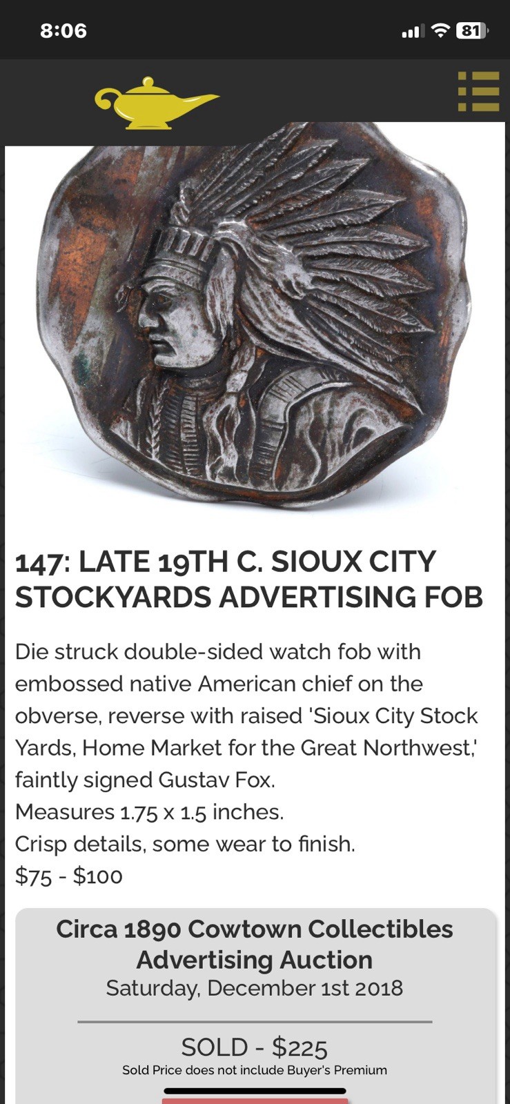 Antique 19thC Sioux City Stock Yards Watch Fob Production Die – Cincinnati
