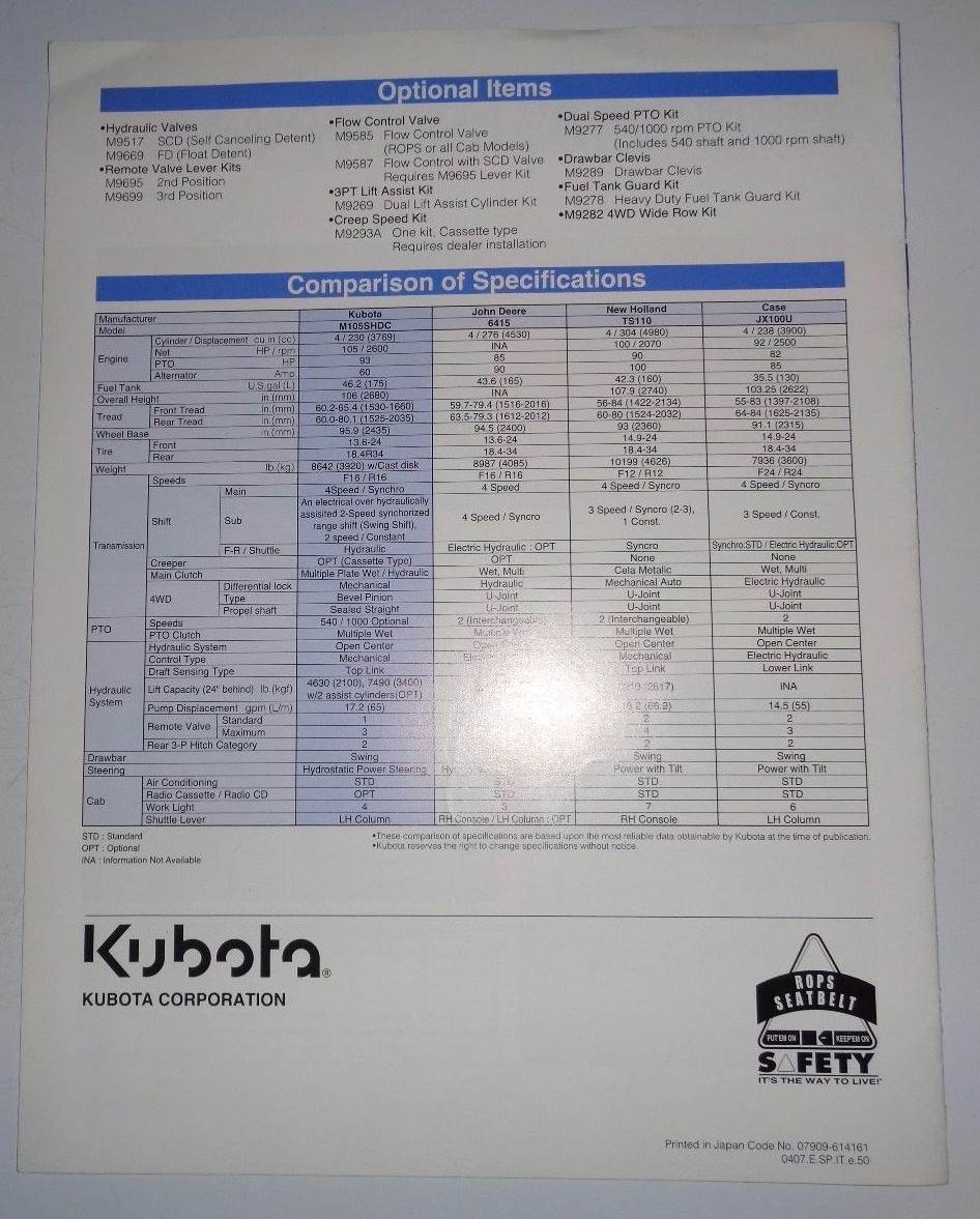 Kubota Dealers M105S Tractor Sales Brochure literature ad advertising small tear