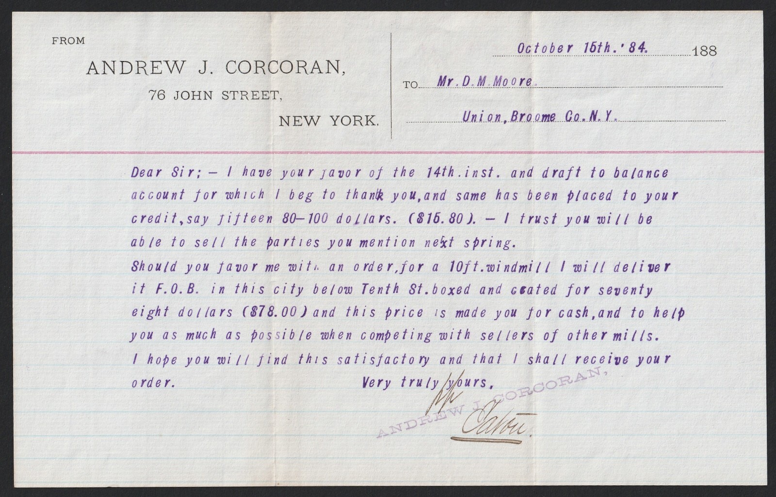 RARE Advertising Cover & Letter – Andrew Corcoran Wind Mills – New York NY 1884