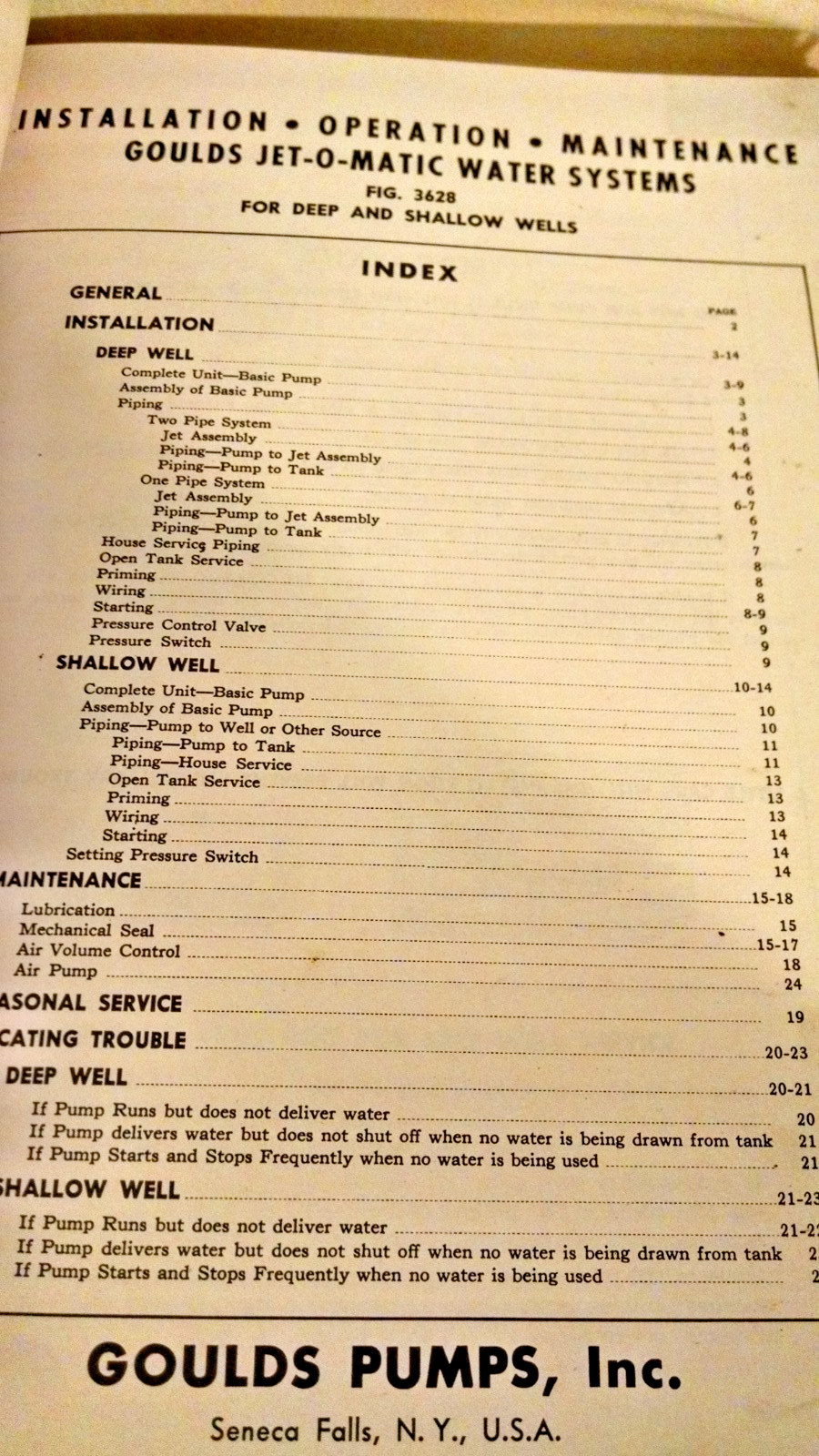 Goulds Service Manual Water Well Pump Home Farm 1940&rsquo;s 1950&rsquo;s Seneca Falls NY.