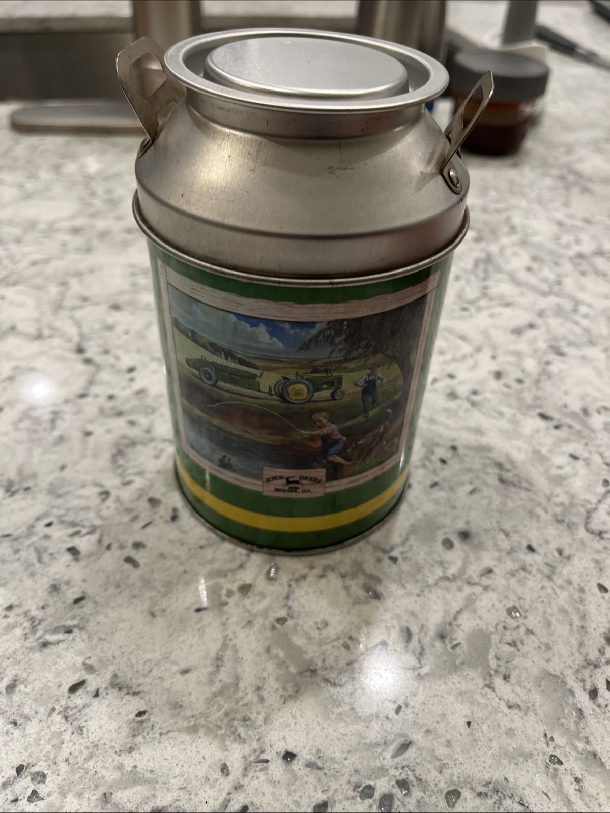 John Deere Mini Tin, Milk Can Tin, Collector Farm Tractor Fishing Scene Decor