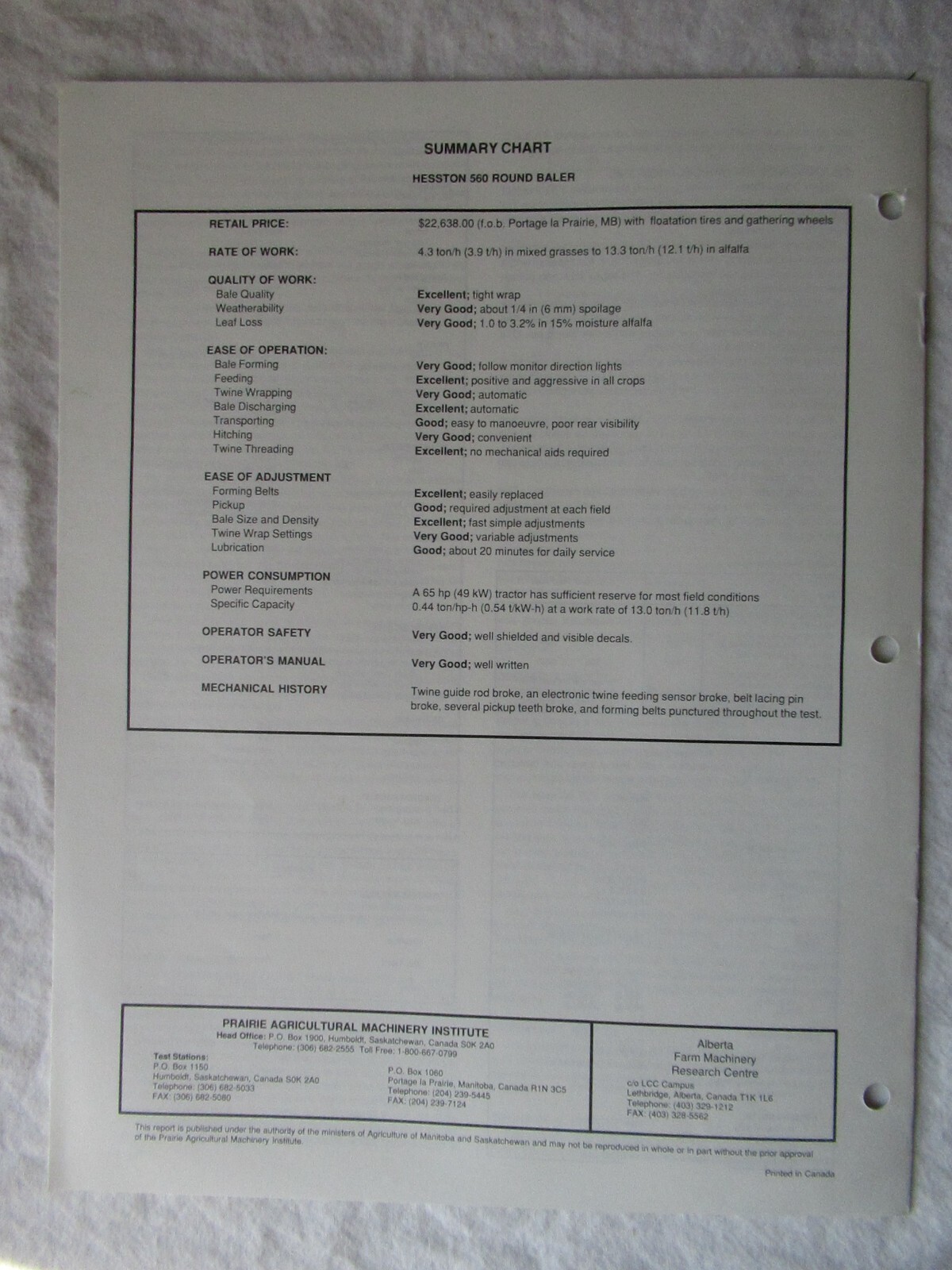 1990 Hesston 560 Round Baler Evaluation Report Data Brochure
