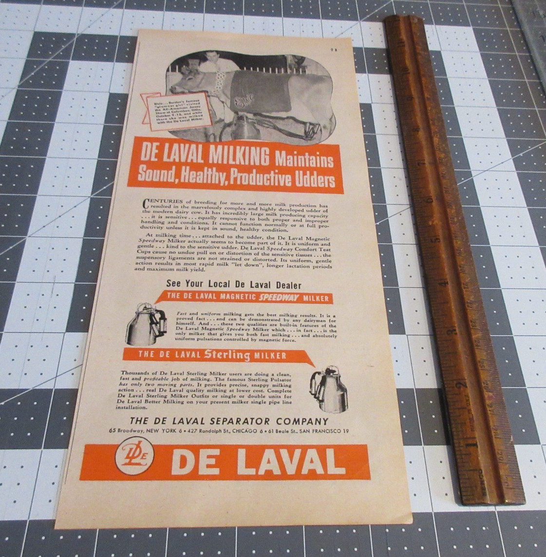 1947 De Laval Cow Milking Machinery Agriculture Farming Vintage Print Ad