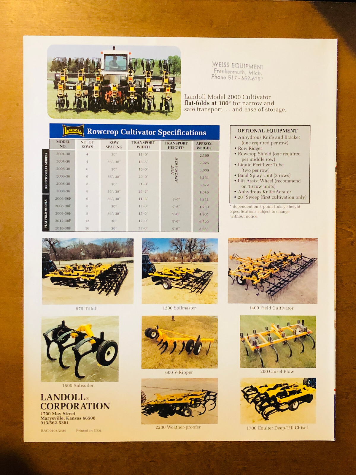 1989 LANDOLL Model 2000 Rowcrop Cultivator Specification Brochure -Mint