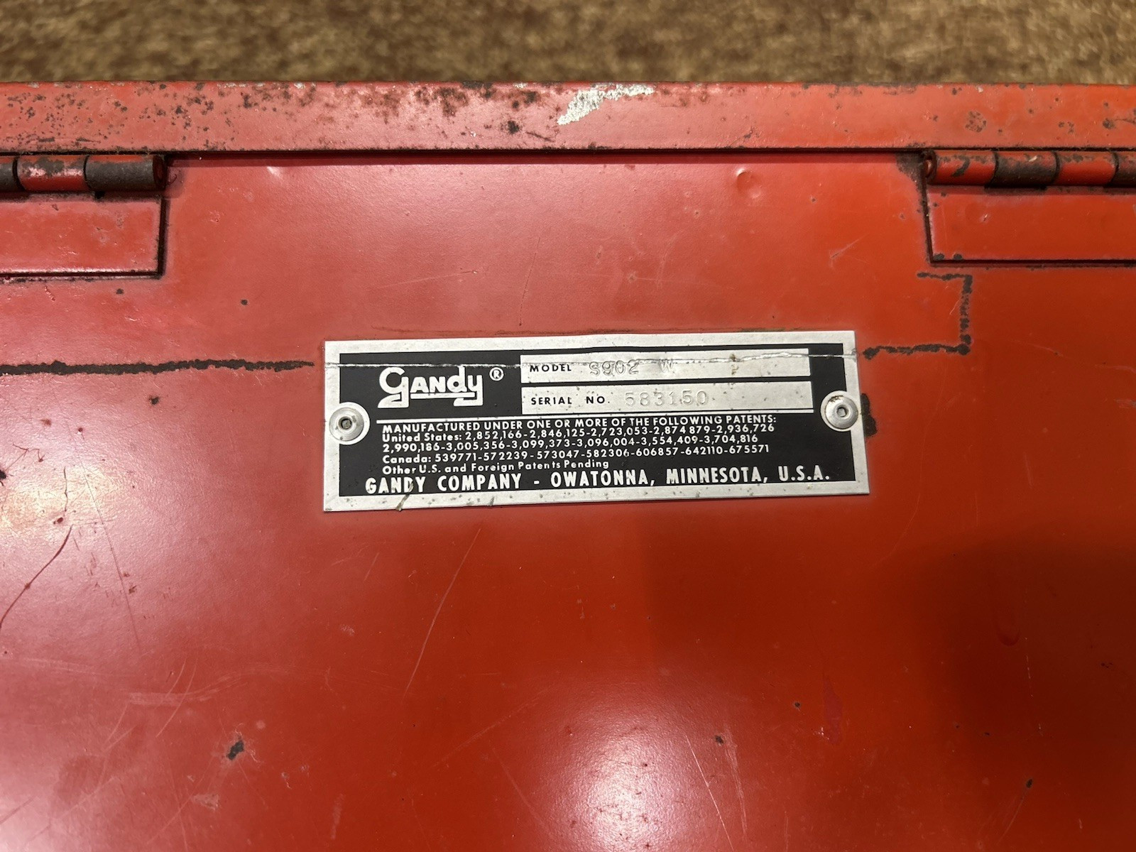 vintage Gandy model S902 farm seeder bin tank red agri collectible garden decor