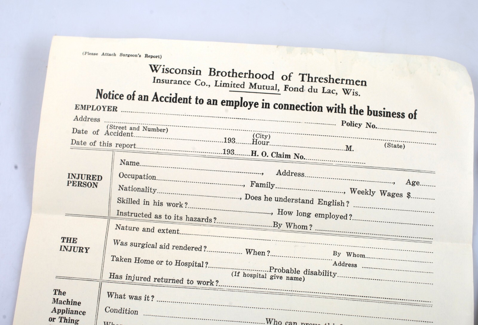 Vintage 1930s Wisconsin Brotherhood of Threshermen Insurance Forms Fond du Lac