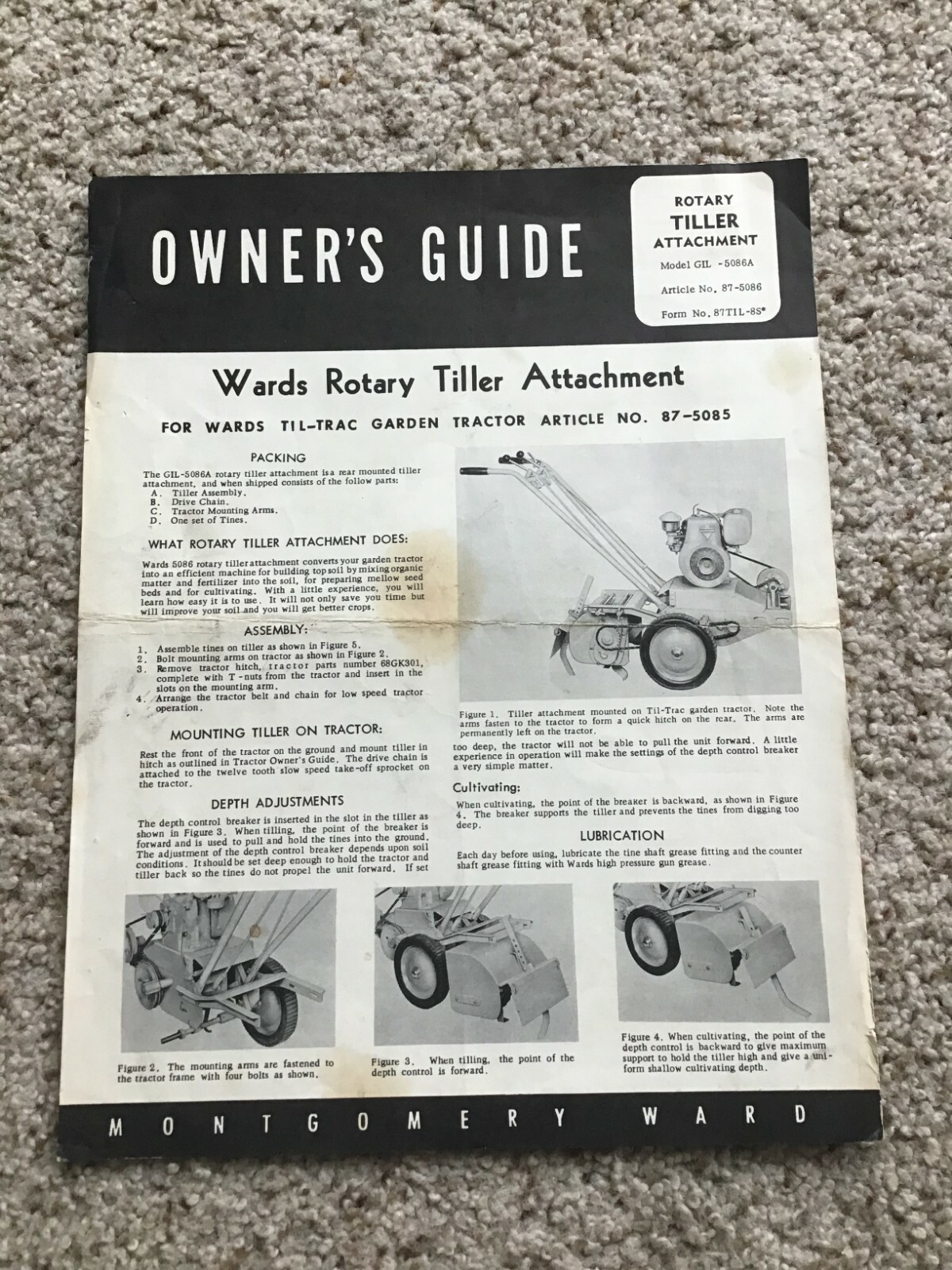 Vintage Wards Rotary tiller attachments, owners guide sheet.