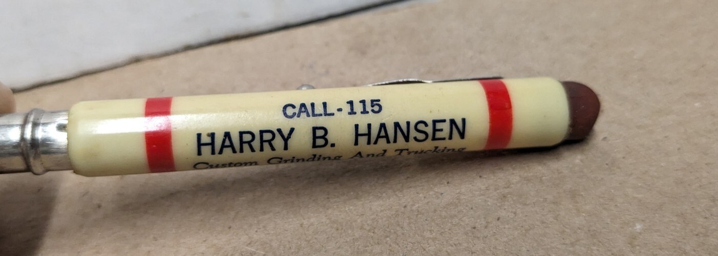 Vintage Harry B. Hansen Grinding And Trucking Phone 115 Elkhorn Ia Bullet Pencil