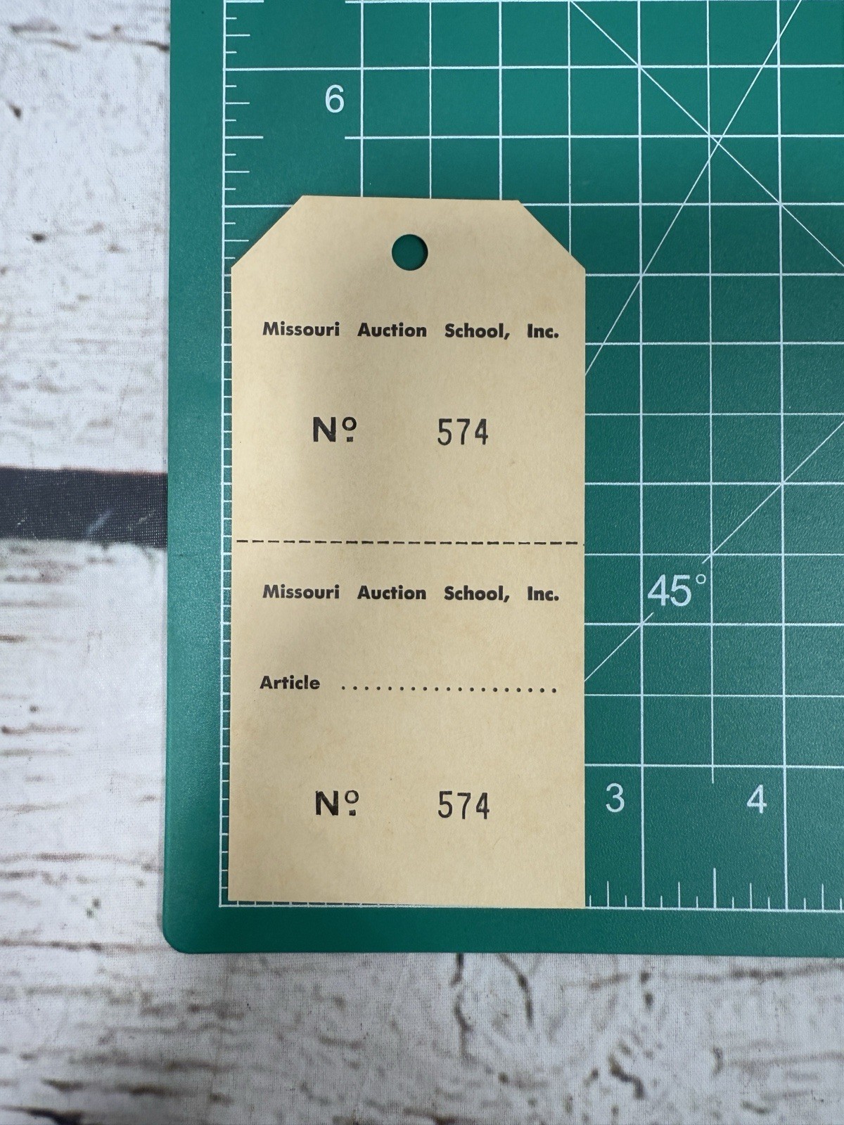 VTG Missouri Auction School No. 574 Paper Bidder ID Tag Public Auction Sale