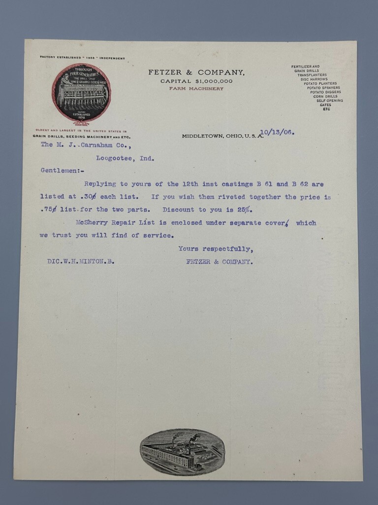 1906 FETZER FARM MACHINERY Advertising Letter MIDDLETOWN Ohio Antique