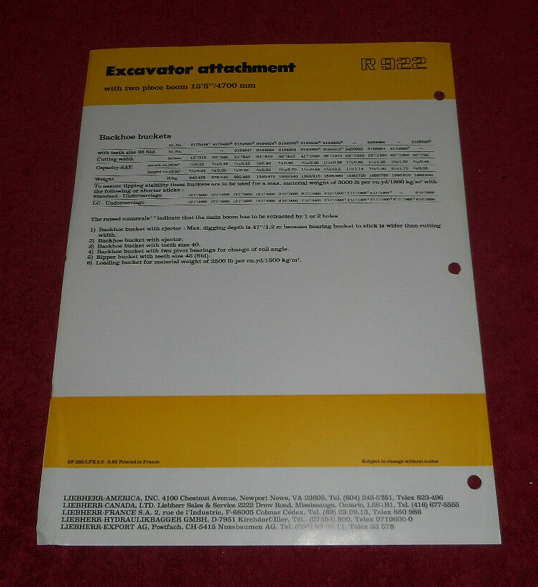 1983 Liebherr Hydraulic Excavator R 922 Technical Data Advertisement Sheet