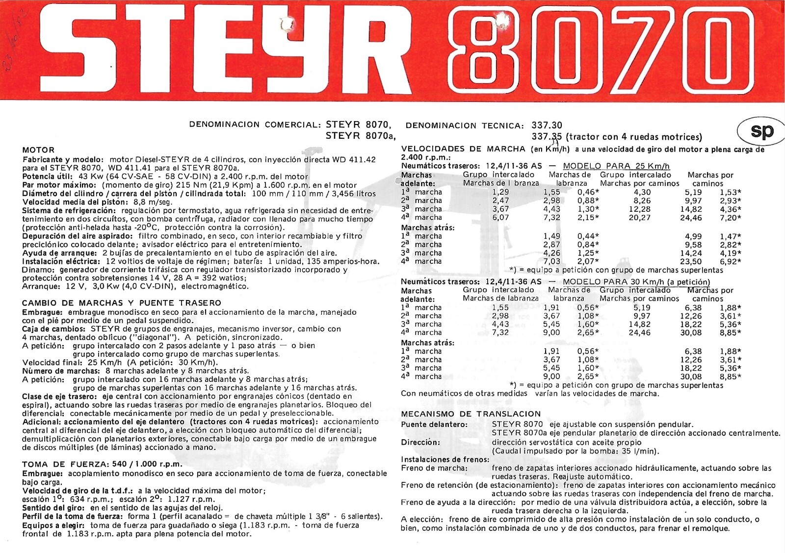 Farm Tractor Data Sheet – Steyr – 8070 – c1979 Brochure (SPANISH) (F8392)
