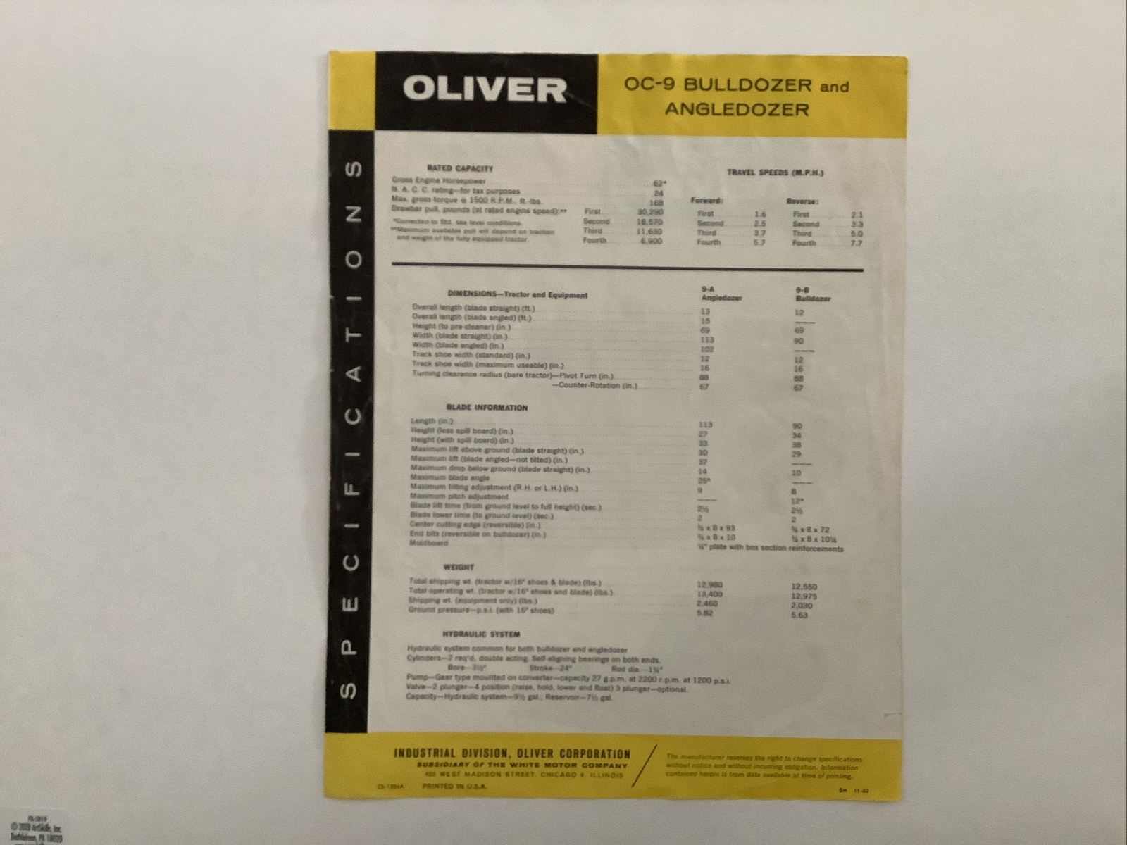 OLIVER OC-9 BULLDOZER AND ANGLEDOZER SINGLESHEET 1963