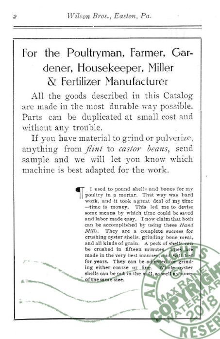 Wilson Bros 1909 CATALOG Grinding Mills + Bone Cutters Samples poultry farm feed