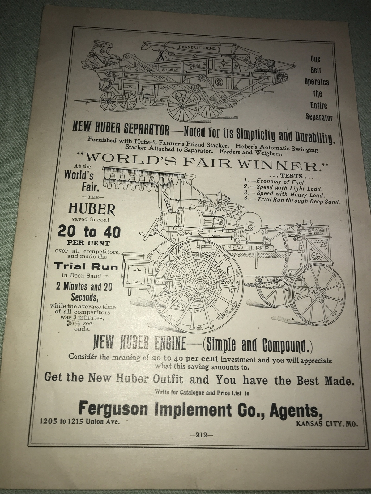 1898 Huber Engine & Separator Farm Advertising – Kansas City – Missouri