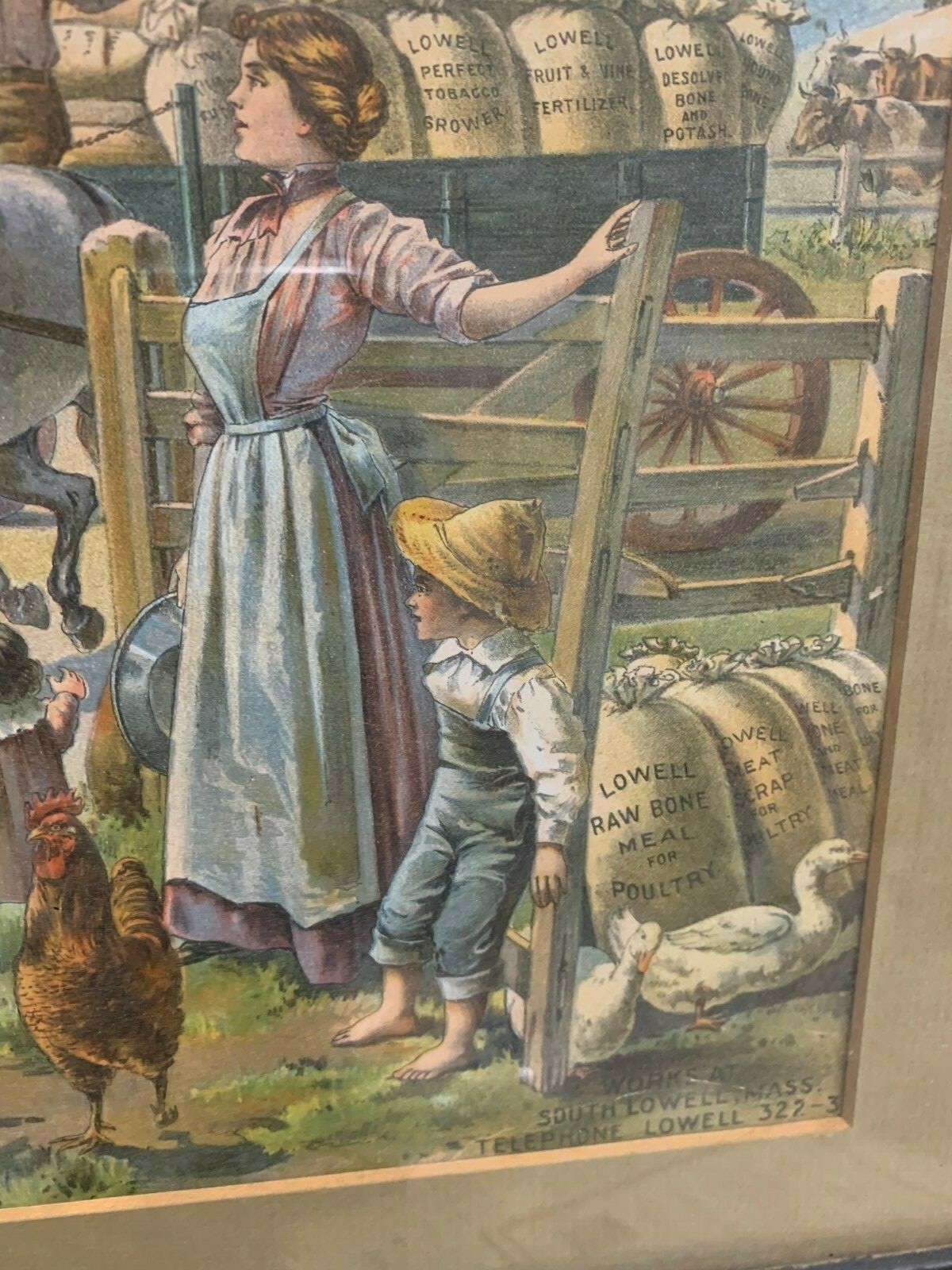 Rare Vintage Lowell Fertilizer Co. Litho Framed Sign FARM GAS OIL SODA COLA 17&Prime;
