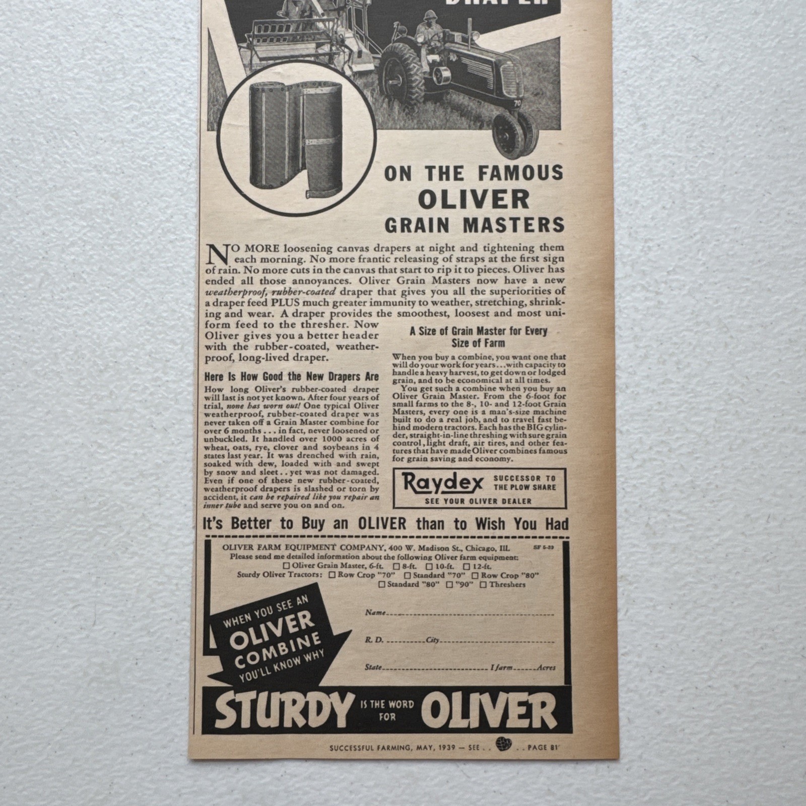 Oliver Farm Equip Co. Grain Masters Successful Farming May 1939 Advertisement