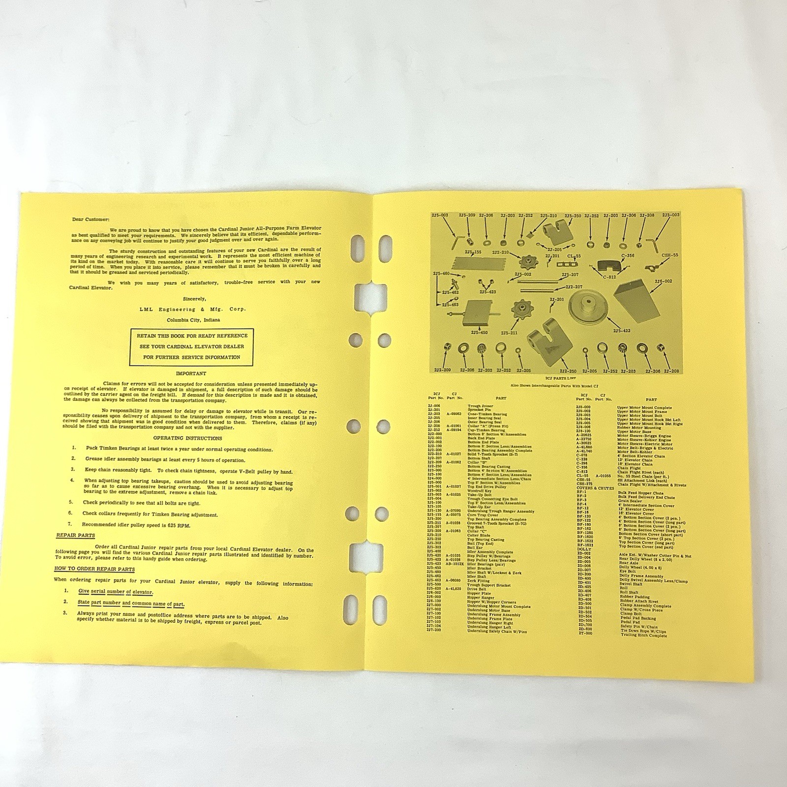 Cardinal Manufacturing Indiana 1955 Brochures Assembly Instructions Parts Lists