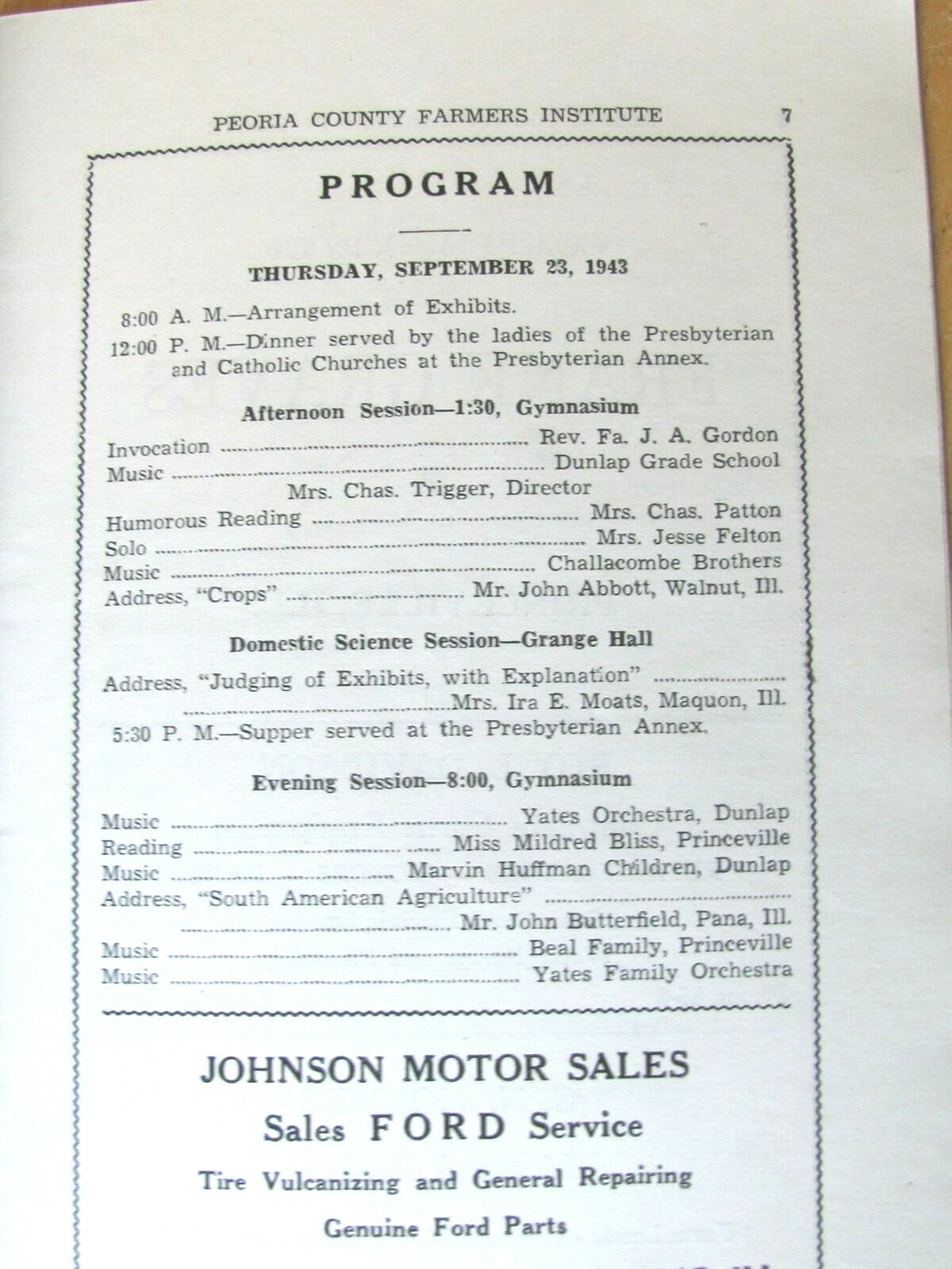 1943 SHOW PROGRAM BOOK PEORIA COUNTY FARM INSTITUTE DUNLAP IL LOCAL ADVERTISING