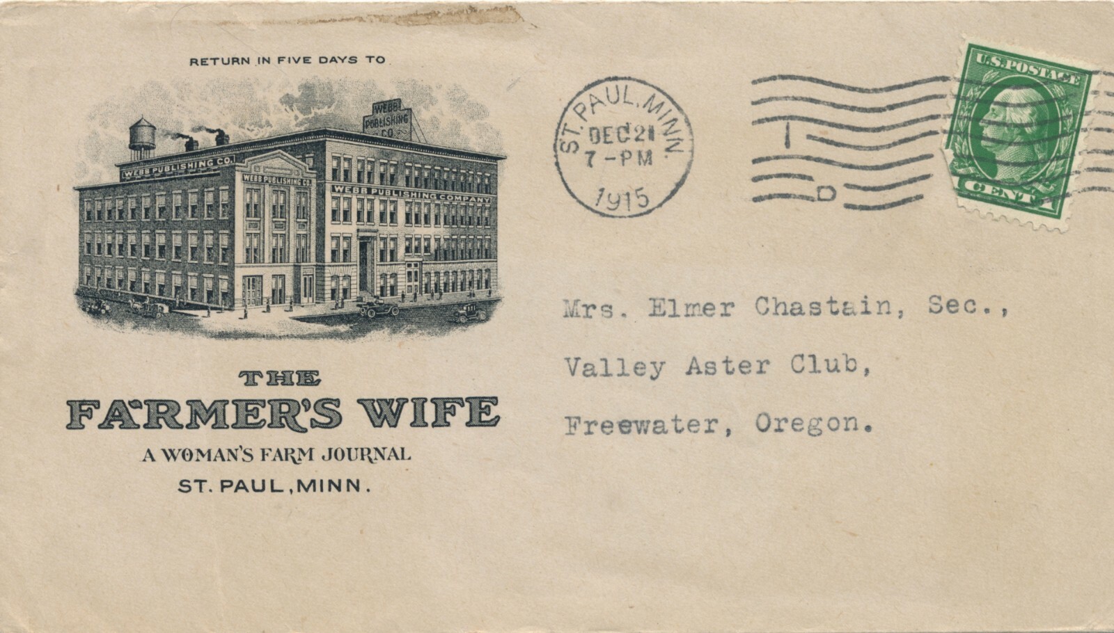 1915 The Farmer&rsquo;s Wife Farm Journal Envelope Only Freewater, OR