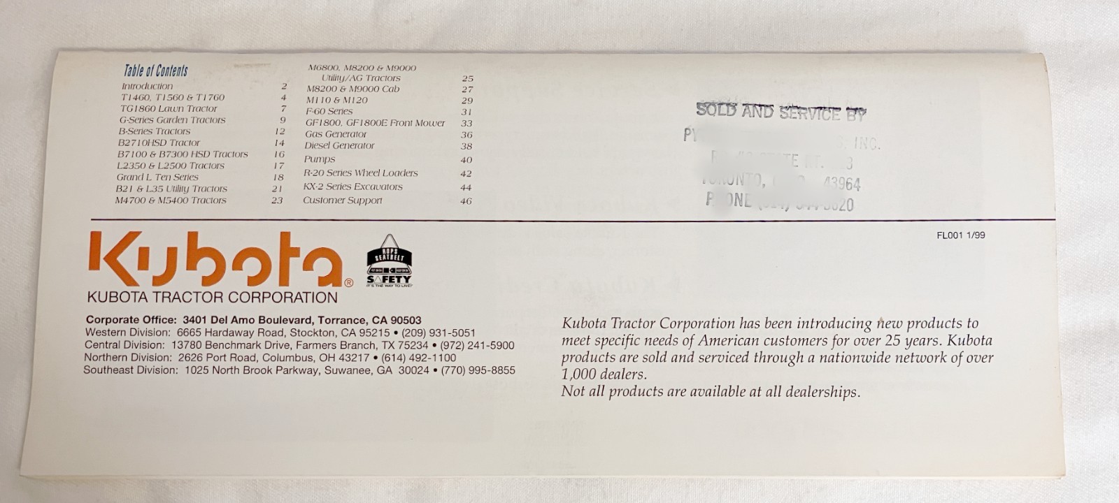 Kubota 1999 Products 48 pages Page Literature Guide 9&Prime; x 4&Prime; *NEW*