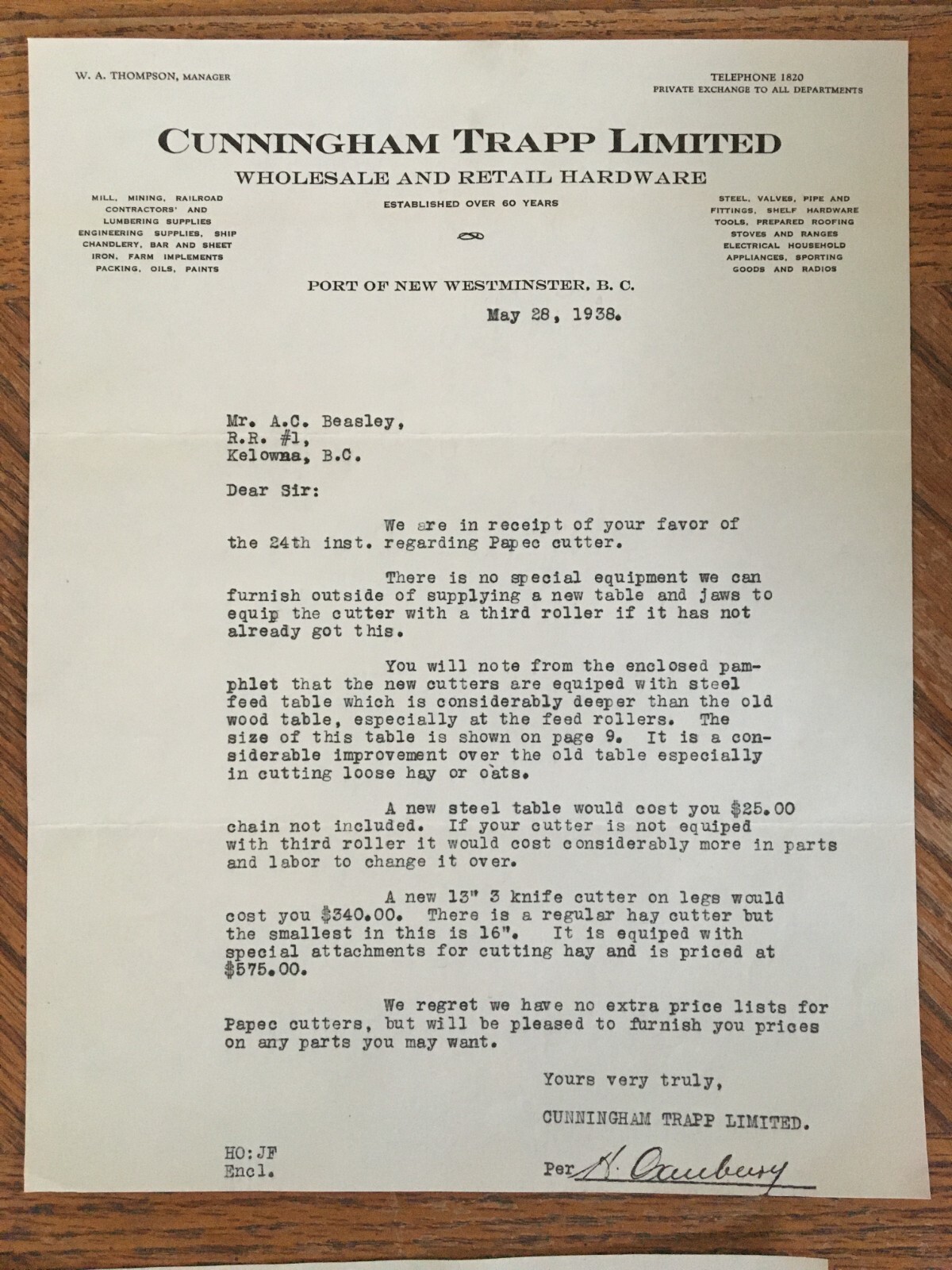 Cunningham Trapp Ltd Farm Machinery Letter Receipt 1938 Kelowna BC Cattle Ranch