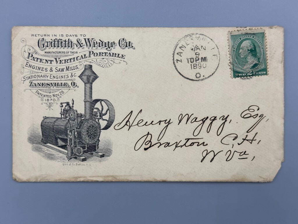 1890 Griffith & Wedge ENGINES SAW MILL Advertise FARM Postal Cover ZANESVILLE OH