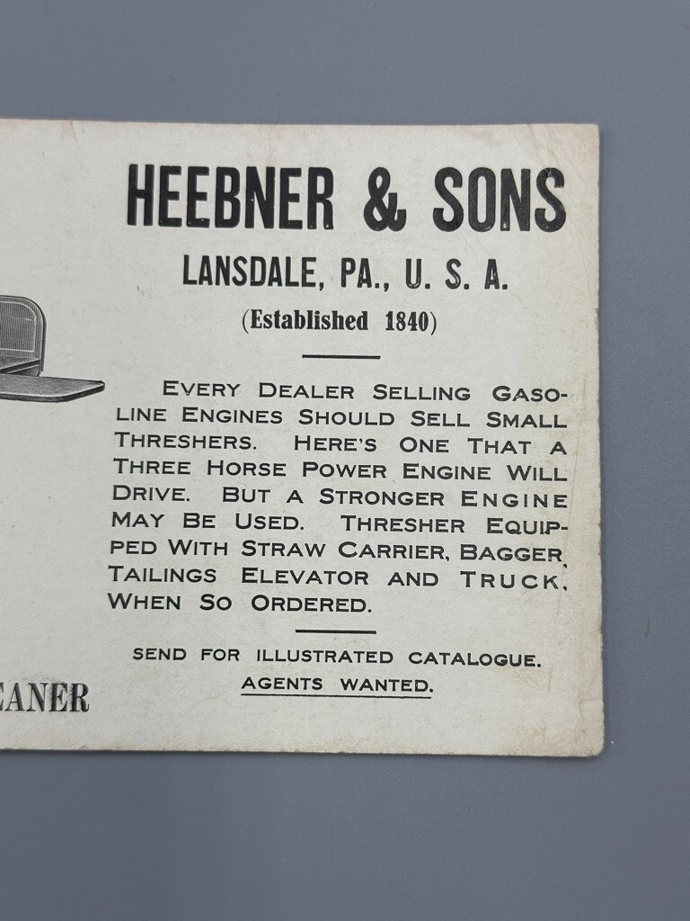 c 1900 HEEBNER & Sons PENNSYLVANIA THRESHER Farm Advertising Blotter LANSDALE
