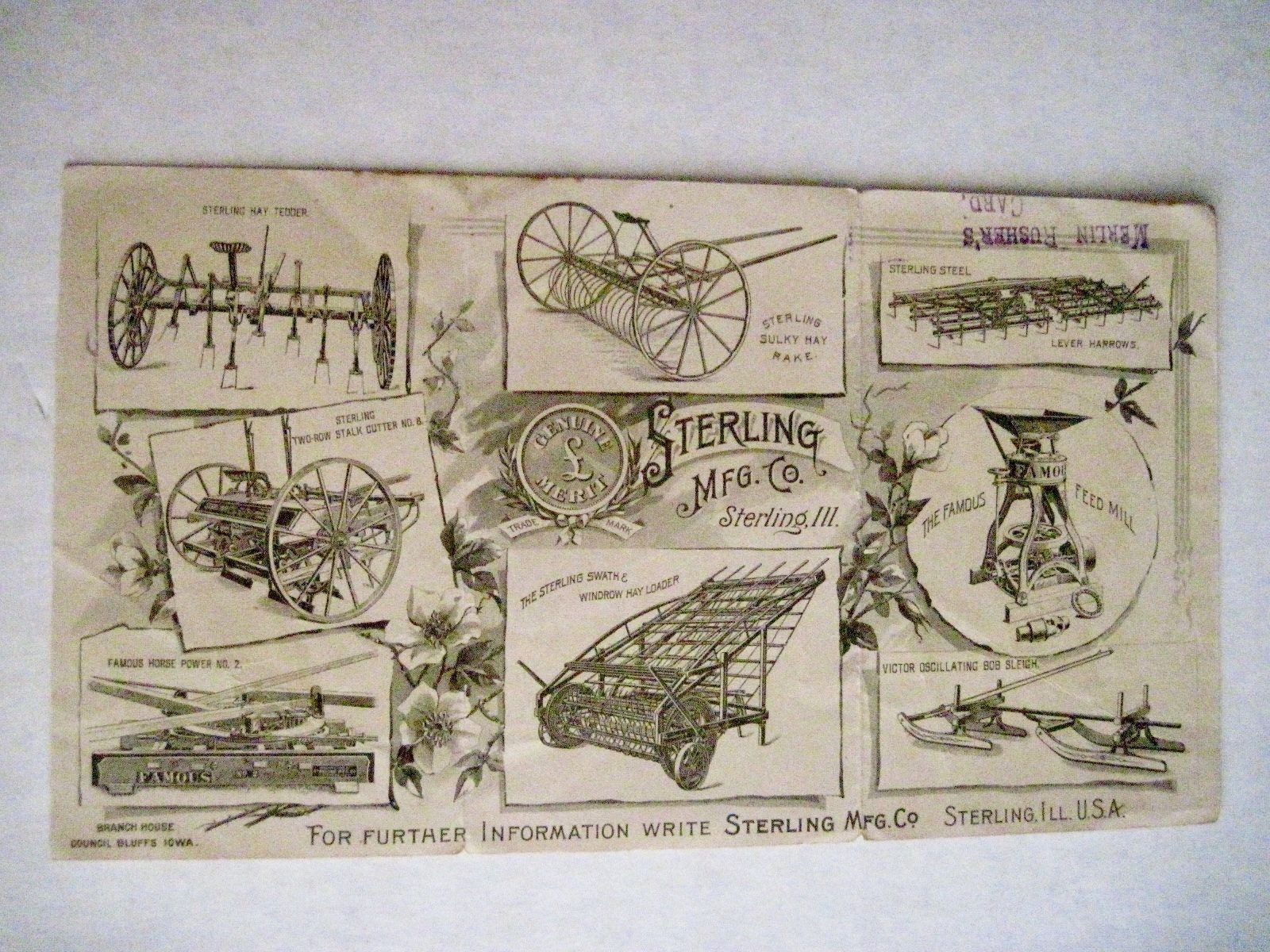 Victorian Trade Card for « Sterling Mfg Co » w Colored Pictures of Plowing Equip *