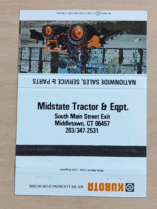 Kubota Midstate Tractor & Equipment Matchbook Cover Photo Middletown Connecticut