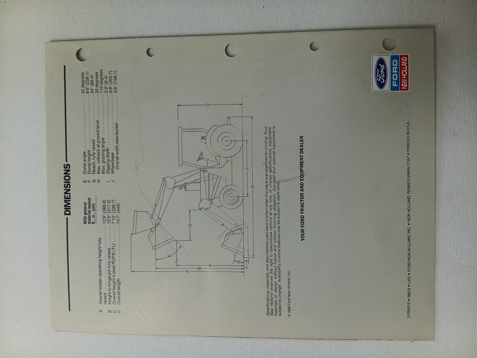 Ford Tractor 345C Loader Dealer Sales Trifold Brochure Specifications