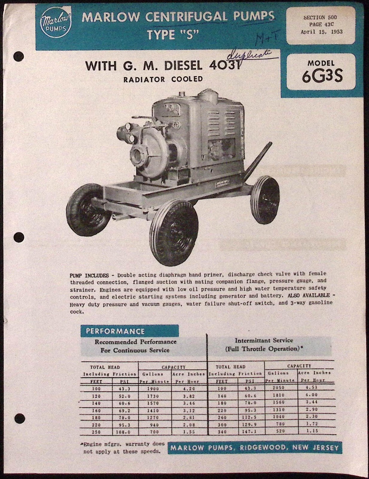 1953 Marlow Centrifugal Pumps Type S GM Diesel 4031 Model 6G3S Brochure