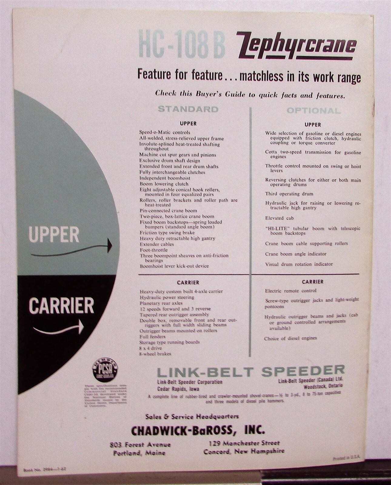 1962 Link Belt Speeder HC108B 45 Ton ZephyrCrane Specs Construction Brochure