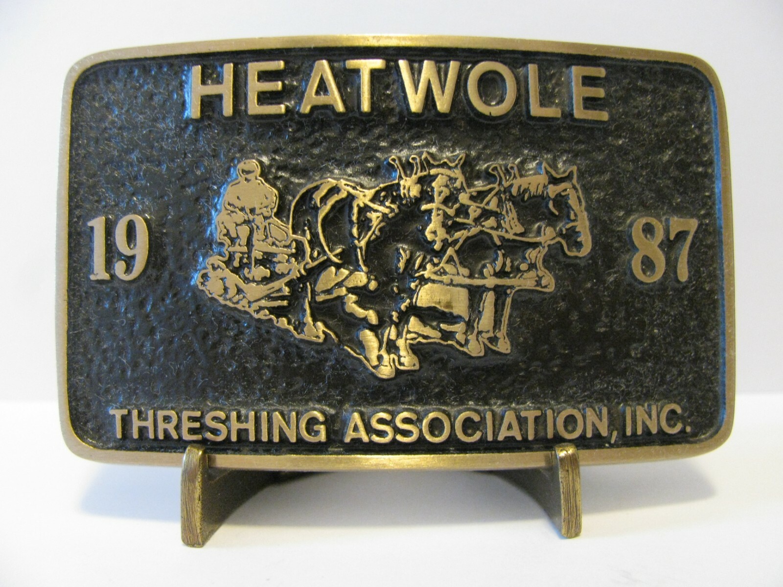 HEATWOLE Threshing Association 1987 Draft Horse Drawn Plow Bronze Belt Buckle 89