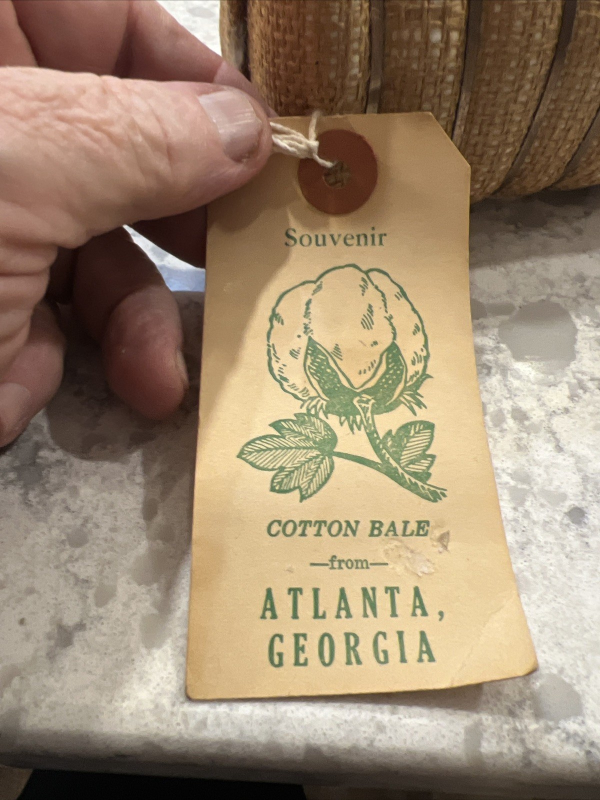 Vintage Miniature Souvenir Real Cotton Bale from Atlanta Georgia in Burlap w/Tag
