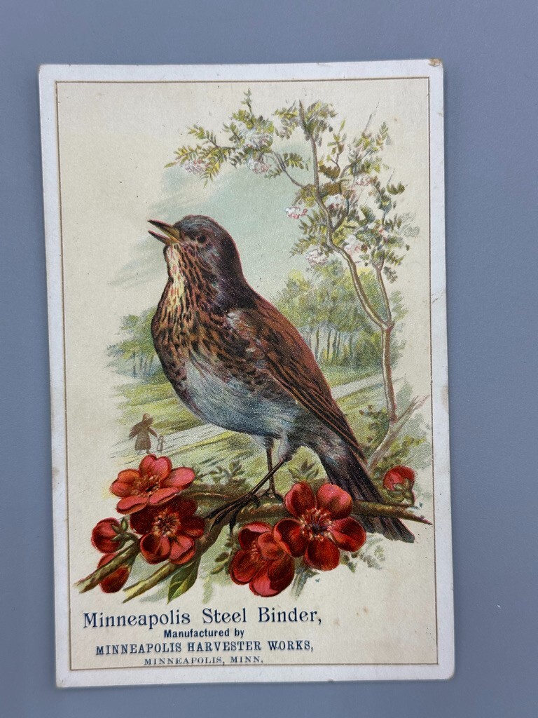 c 1890 MINNEAPOLIS HARVESTER WORKS Steel Binder FARM Advertising Trade Card BIRD