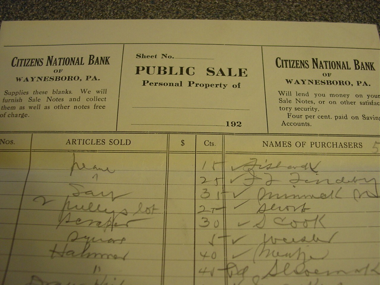 ANTIQUE 1920&rsquo;s PUBLIC SALE Personal List Citizens Bank National Waynesboro PA
