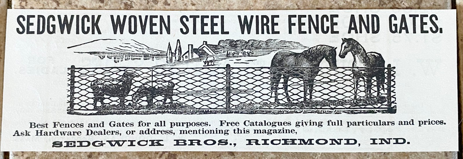 SEDGWICK Woven Steel Wire Fence Richmond,Ind.Sheep Horse Farm Gate 1889 Print Ad